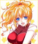  :d aster_(asteraster) blonde_hair blush border breasts colored_eyelashes commentary_request excellen_browning large_breasts long_hair lowres mizutani_yuuko open_mouth ponytail smile solo star starry_background super_robot_wars super_robot_wars_original_generation white_background 
