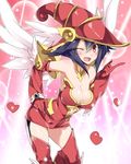  :d ;d apple_magician_girl arched_back bare_shoulders blue_hair boots breasts cleavage collarbone detached_collar dress duel_monster elbow_gloves garter_straps gloves hair_between_eyes hand_on_hip hat heart highres leaning_forward looking_at_viewer medium_breasts mtu_(orewamuzituda) one_eye_closed open_mouth red_eyes red_footwear short_dress sleeveless smile solo thigh_boots thighhighs wings witch_hat yuu-gi-ou 