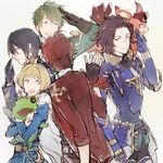  blonde_hair blue_hair brown_hair crown dragon dramatic_stars earrings egawa_satsuki granblue_fantasy green_eyes green_hair grey_background idolmaster idolmaster_side-m jewelry kaerre kashiwagi_tsubasa lancelot_(granblue_fantasy) looking_at_another male_focus mini_crown multiple_boys pierre_(idolmaster) purple_eyes red_hair sakuraba_kaoru salute stuffed_animal stuffed_frog stuffed_toy tendou_teru upper_body vee_(granblue_fantasy) waving 