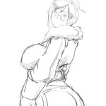  ass breasts coat glasses greyscale hair_ornament hair_stick large_breasts looking_at_viewer mei_(overwatch) monochrome overwatch pandea_work short_hair simple_background sketch solo white_background 