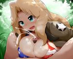  1girl american_flag_bikini aqua_eyes bikini blonde_hair breasts censored cleavage cum ejaculation flag_print girls_und_panzer hair_intakes hetero kay_(girls_und_panzer) large_breasts long_hair military military_uniform mizuyan paizuri penis saunders_military_uniform solo_focus swimsuit uniform 