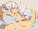  2boys bara bed blue_eyes dante_(devil_may_cry) devil_may_cry devil_may_cry_4 dmc:_devil_may_cry facial_hair male_focus multiple_boys muscle nero_(devil_may_cry) pillow sanako_(tsubakiiro) silver_hair smile yaoi 