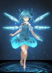  bare_legs barefoot blue_bow blue_dress blue_hair blush bow cirno closed_eyes closed_mouth collared_shirt dress floating full_body glowing gradient hair_between_eyes hair_bow highres i-la ice ice_wings landing light_particles neck_ribbon puffy_short_sleeves puffy_sleeves red_ribbon ribbon ripples shirt short_hair short_sleeves sketch smile solo touhou water white_shirt wings 