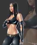  bangs black_hair breasts choker claws cleavage fingerless_gloves gloves green_eyes iury_padilha large_breasts long_hair marvel midriff navel parted_bangs parted_lips shirt_pull solo sweat x-23 x-men zoom_layer 