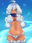  ;) ahoge aqua_eyes artist_name bikini blush breast_hold breasts breasts_apart caleana covered_nipples cowboy_shot dark_skin eyebrows eyebrows_visible_through_hair fur groin highres large_breasts looking_at_viewer monster_girl_encyclopedia navel one_eye_closed paws scarf short_hair signature smile snow snowing solo swimsuit thigh_gap white_fur white_hair yeti_(monster_girl_encyclopedia) 
