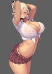  armpit_peek armpits arms_up blonde_hair blush breasts bunny_hair_ornament cleavage collarbone covered_nipples dark_skin green_eyes grey_background grin gyaru hair_ornament hakai_shin highres huge_breasts jewelry jpeg_artifacts kogal looking_at_viewer navel necklace no_bra original plaid plaid_skirt short_hair skirt smile solo thighs thong 