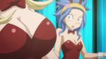  animated animated_gif blonde_hair blue_hair bouncing_breasts breast_envy breasts bunnysuit cleavage fairy_tail large_breasts levy_mcgarden lucy_heartfilia multiple_girls small_breasts 