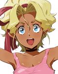  :d absurdres armpits bare_shoulders black_choker blonde_hair blue_eyes blush choker collarbone dark_skin earrings enami_katsumi happy high_ponytail highres jewelry kuramitsu_mihoshi lipstick looking_at_viewer makeup mizutani_yuuko open_mouth outstretched_arms pink_lipstick pink_tank_top pointy_ears ponytail red_ribbon ribbon ribbon_bangs short_hair short_ponytail simple_background sketch smile spread_arms stud_earrings tank_top tenchi_muyou! upper_body wavy_hair white_background 