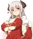  alicia_(granblue_fantasy) bangs blunt_bangs blush breasts covered_nipples cross cross_earrings draph dress earrings gloves granblue_fantasy heart highres horns jewelry large_breasts long_hair looking_at_viewer moisture_(chichi) pointy_ears puffy_short_sleeves puffy_sleeves red_dress red_eyes short_sleeves sidelocks silver_hair simple_background solo underboob upper_body white_background white_gloves 