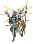  big_noodle black_hair blonde_hair boots character_name dark_skin full_body gun headgear high_ponytail highres jie_cao_kong knee_boots long_hair looking_at_another mechanical_wings mercy_(overwatch) multiple_girls overwatch pantyhose simple_background staff symmetra_(overwatch) thighhighs visor weapon white_background wings yellow_wings 