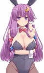  animal_ears bangs bare_shoulders black_legwear blue_bow blunt_bangs blush bow breasts bunny_ears bunnysuit cleavage crescent crescent_hair_ornament hair_bow hair_ornament hasu_(hk_works) large_breasts long_hair looking_at_viewer pantyhose patchouli_knowledge purple_eyes purple_hair red_bow sidelocks simple_background solo touhou white_background wrist_cuffs 