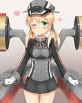  ;) absurdres anchor_hair_ornament anchor_symbol black_shirt blonde_hair cowboy_shot gloves green_eyes hair_ornament hat heart highres iron_cross kantai_collection looking_at_viewer military nedia_(nedia_region) one_eye_closed peaked_cap pleated_skirt prinz_eugen_(kantai_collection) shirt skirt smile solo torpedo twintails white_gloves 
