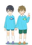  2boys free! hand_holding male_focus multiple_boys nanase_haruka_(free!) shorts tachibana_makoto v younger 