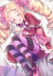  :d ^_^ beatrice_(re:zero) blonde_hair cat cheek-to-cheek closed_eyes colored_stripes commentary dress drill_hair hair_ribbon happy konka long_hair mary_janes open_mouth pantyhose puck_(re:zero) re:zero_kara_hajimeru_isekai_seikatsu ribbon shoes smile striped striped_legwear twin_drills 