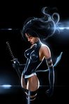  bare_shoulders black_hair breasts closed_eyes elbow_gloves gloves highleg highleg_leotard katana large_breasts leotard long_hair marvel psylocke sheath skribblix solo sword thighhighs unsheathing weapon x-men 