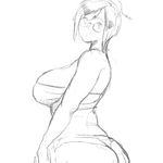  ass breasts glasses greyscale hair_ornament hair_stick large_breasts looking_at_viewer mei_(overwatch) monochrome overwatch pandea_work short_hair simple_background sketch solo strapless tubetop white_background 