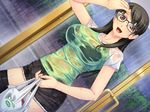  bag black-framed_glasses black_bra black_eyes black_hair bra breasts door dutch_angle eyebrows eyebrows_visible_through_hair game_cg glasses happy highres holding indoors large_breasts legs long_hair looking_at_viewer open_mouth rain sakura_romako see-through short_sleeves skirt smile solo standing thighhighs thighs ureta_karada_ha_boku_senyou:_motome_au_sadomazohizumu water wet wet_clothes 