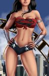  adapted_costume armlet bandeau bare_shoulders black_hair bracelet breasts choker dc_comics hands_on_hips head_out_of_frame iury_padilha jewelry large_breasts lasso long_hair nail_polish navel parted_lips solo strapless superman_(series) sword thigh_gap torn_clothes weapon wonder_woman wonder_woman_(series) 