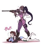  blizzard_(company) blue_hair bodysuit brown_hair d.va_(overwatch) gun high_ponytail long_hair multiple_girls overwatch ponytail purple_skin weapon widowmaker_(overwatch) 