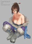  absurdres bare_shoulders beads breasts brown_eyes brown_hair cleavage full_body glasses grey_background hair_bun hair_ornament hair_stick highres large_breasts mei_(overwatch) off_shoulder overwatch pandea_work short_hair smile solo 