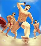 3boys abs bara barefoot beach humiliation male_focus multiple_boys muscle nude outdoors pecs smile summer teeth topless winemvee 
