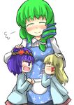  ^_^ angry arguing asymmetrical_hair blush check_commentary closed_eyes closed_mouth commentary_request frog_hair_ornament from_side gaoo_(frpjx283) green_hair hair_ornament hair_ribbon hand_on_another's_head headband highres kochiya_sanae long_hair long_sleeves miniskirt moriya_suwako multiple_girls petting profile purple_hair red_ribbon red_skirt ribbon role_reversal short_hair sidelocks simple_background skirt smile snake_hair_ornament standing sweater touhou white_background yasaka_kanako younger 