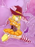  alternate_costume blonde_hair blue_eyes camel_(dansen) clenched_teeth goo_girl halloween licking milia milia_wars monster_girl multiple_girls one_eye_closed panties pumpkin striped_legwear thighhighs tongue_out witch_hat 