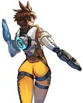  armor ass bodysuit brown_hair cowboy_shot from_behind goggles gun looking_at_viewer looking_back orange_bodysuit overwatch simple_background solo tracer_(overwatch) uka_(cessa) weapon white_background 