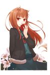  animal_ears apple ayakura_juu brown_hair food fruit holding holding_food holding_fruit holo long_hair looking_at_viewer red_eyes scan simple_background solo spice_and_wolf tail white_background wolf_ears wolf_tail 