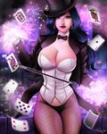  black_hair breasts card cleavage coattails dc_comics fishnet_pantyhose fishnets gloves glowing hat huge_breasts iury_padilha long_hair magician pantyhose playing_card smile solo top_hat white_gloves zatanna_zatara 