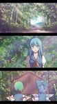 anime_coloring blue_eyes blue_hair bow chinese_clothes cirno daiyousei fairy_wings forest green_hair hair_bow ice ice_wings kamishirasawa_keine letterboxed multiple_girls nature sawaya_(mizukazu) scenery side_ponytail touhou wings 