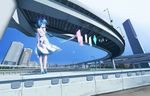  2015 aqua_eyes aqua_hair arms_behind_back bow building casual city dated day dress from_behind hair_bow hair_over_eyes hatsune_miku high_heels lamppost long_hair looking_afar looking_to_the_side no_socks overpass ramii road scenery signature sky solo street sundress tree twintails vocaloid white_dress wind 