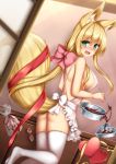  1girl animal_ear_fluff animal_ears apron ass bangs blonde_hair blush bow bowl box breasts check_commentary chocolate commentary_request eyebrows_visible_through_hair eyes_visible_through_hair fox_ears fox_tail green_eyes hair_between_eyes hair_bow heart-shaped_box highres himeka_chiyako indoors large_breasts long_hair looking_at_viewer low_twintails minaha_(playjoe2005) naked_apron original pink_bow red_ribbon ribbon sideboob solo spoon tail thighhighs twintails valentine white_apron white_legwear 