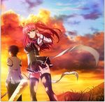  1girl black_hair black_legwear blonde_hair breasts cloud cloudy_sky covered_navel covered_nipples garter_straps hair_ribbon hair_tucking holding holding_sword holding_weapon key_visual kurogane_ikki long_hair medium_breasts official_art outdoors rakudai_kishi_no_cavalry red_eyes red_hair ribbon sideboob sky stella_vermillion sword thighhighs torn_clothes torn_legwear two_side_up weapon 