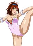  bachou_mouki bare_shoulders breasts brown_eyes brown_hair cleavage covered_navel hair_ornament ikkitousen large_breasts legs legs_up leotard looking_at_viewer open_mouth ponytail shiny_skin smile solo spread_legs 