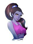  bare_shoulders breasts brown_hair casual covered_nipples crop_top crop_top_overhang earrings erect_nipples high_ponytail highres jewelry lips lipstick long_hair looking_at_viewer makeup overwatch ponytail purple_skin simple_background solo superboin tank_top upper_body white_background widowmaker_(overwatch) yellow_eyes 