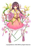  belt bow_(weapon) brown_hair flower flower_knight_girl full_body gradient_hair hair_ornament hairclip ionocidium_(flower_knight_girl) legs_apart long_hair looking_at_viewer multicolored_hair object_namesake official_art pantyhose pink_hair pink_skirt pink_sleeves purple_footwear shawl shoes skirt smile solo standing sugimeno weapon white_background white_legwear yellow_eyes 