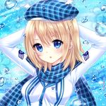  :o arms_behind_head arms_up artist_name beret blonde_hair blue_eyes blue_hat blue_scarf blush borrowed_character emblem eyelashes hat jacket long_sleeves looking_at_viewer natsumii_chan open_mouth original plaid plaid_hat plaid_scarf recirah scarf short_hair solo tareme uniform upper_body water water_drop white_jacket winged_hat 