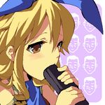  blonde_hair blue_neckwear blush bow brown_eyes calamity_jane dress drill_hair eating ehoumaki enoo food hair_ribbon hairband long_hair lowres makizushi oekaki open_mouth ribbon sexually_suggestive sidelocks solo sushi wild_arms wild_arms_1 