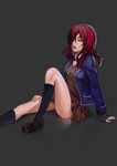  breasts egk513 hair_over_one_eye highres kobayashi_rindou long_hair medium_breasts red_hair reflection school_uniform shokugeki_no_souma slit_pupils solo tootsuki_saryou_ryouri_gakuen_uniform yellow_eyes 