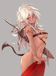  absurdres belt blush breasts covering dark_skin deluxe&lt;&lt;&lt; highres long_hair looking_at_viewer medium_breasts navel nude original pink_eyes pointy_ears sheath sheathed simple_background solo standing sword tail tattoo tsurime weapon white_hair 