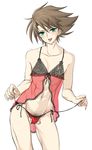  1boy body_hair brown_hair cardfight!!_vanguard flaccid green_eyes kai_toshiki lingerie looking_at_viewer male_focus muscle penis smile solo testicles tongue tongue_out underwear undressing 