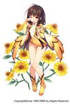  ;o arm_warmers bare_legs brown_hair flower_knight_girl full_body gradient hair_over_shoulder harp helenium_(flower_knight_girl) instrument legs leotard long_hair looking_at_viewer lyre object_namesake official_art one_eye_closed shoes solo standing sugimeno tears twintails white_background white_leotard yellow_eyes yellow_footwear yellow_leotard 