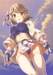  artist_request belt blush breasts brown_hair female fingerless_gloves from_below gouketsuji_ichizoku headband looking_at_viewer ooyama_rin open_mouth panties pantyshot parted_lips pelvic_curtain purple_eyes short_hair sky solo thighhighs upskirt 