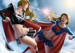  belt blonde_hair blue_eyes breasts cape clenched_hand clenched_teeth cloud crop_top dark_persona dc_comics eye_beam iury_padilha large_breasts laser_beam long_hair midriff miniskirt multiple_girls navel open_mouth skirt sky supergirl superman_(series) teeth 