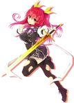  :d black_legwear garter_straps hair_ribbon highres holding holding_sword holding_weapon long_hair official_art open_mouth rakudai_kishi_no_cavalry red_eyes red_hair ribbon smile solo stella_vermillion sword thighhighs torn_clothes torn_legwear transparent_background two_side_up weapon won_(az_hybrid) yellow_ribbon 