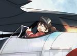  aircraft airplane bad_id bad_twitter_id brown_hair closed_eyes cockpit commentary_request japanese_clothes kantai_collection kariginu kitsuneno_denpachi open_mouth ryuujou_(kantai_collection) smile solo thumbs_up twintails visor_cap 