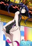  adjusting_clothes adjusting_leotard aerobics black_hair black_legwear breasts from_below gymnast_leotard hair_ornament holding ikkitousen indoors leotard long_hair looking_at_viewer purple_ribbon ribbon saji_genpou_(true) small_breasts solo twintails yellow_eyes 