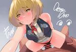  armpits blonde_hair bob_cut censored cowgirl_position denizen_tomo fran_francois_francesca_de_bourgogne girl_on_top god_eater god_eater_2:_rage_burst green_eyes highres panties panties_aside penis ribbon sex short_hair solo_focus steam straddling sweat sweatdrop underwear vaginal 