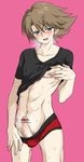  1boy ab blush brown_hair cardfight!!_vanguard erection green_eyes kai_toshiki looking_at_viewer male_focus muscle naughty_face nipples penis smile solo steam sweat testicles wet 